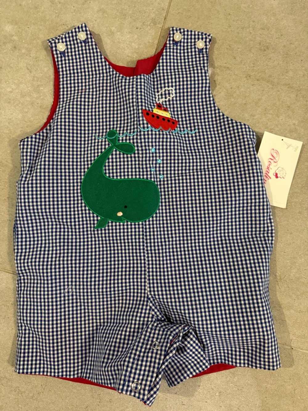 New W/ Tags Blue & White Gingham Reversible Romper 12 Months  By Rosalina,Whale